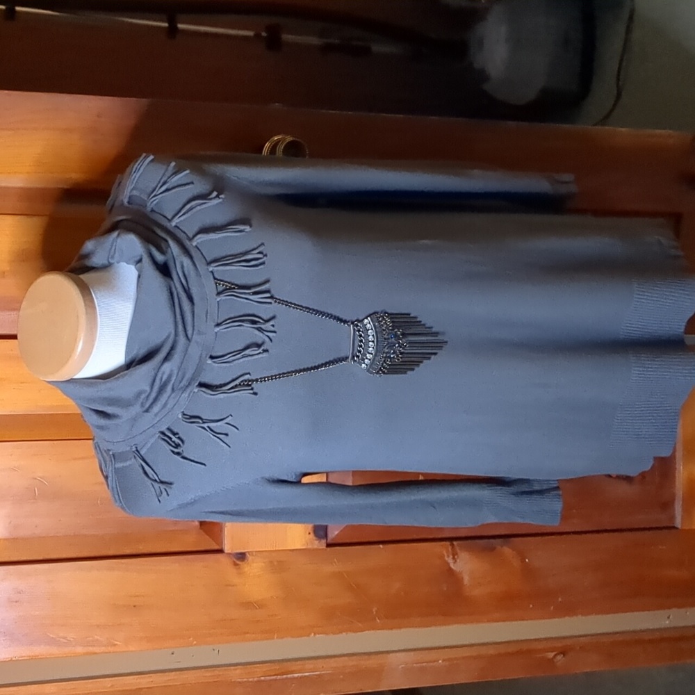 ORANGE Fashion Village* gray fringe cowl neck long sleeve slit hem tunic top